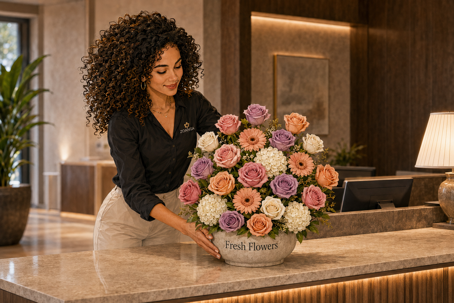 Zoanga florist placing a 24-flower display at a hotel front desk